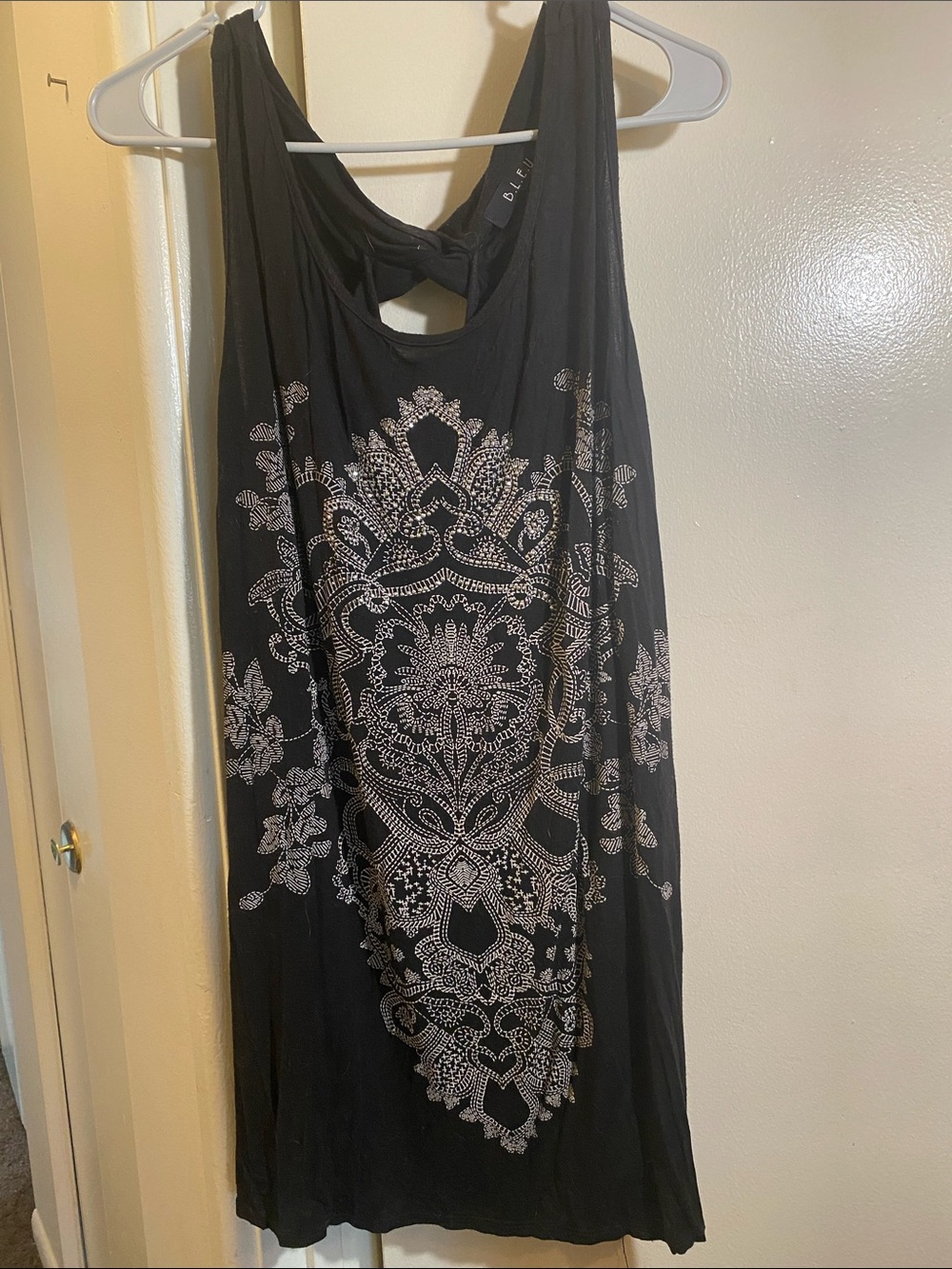 B.L.E.U. Black Mini Dress with Silver Ornamental Print